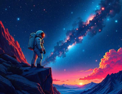 Astronaut atop a mountain gazes at the milky way