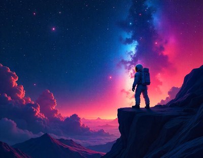 Astronaut on mountaintop gazes at stars