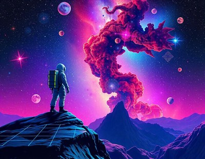 Astronaut on a mountain gazes at a pink cloud