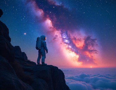 An astronaut gazes at the milky way from a mountaintop