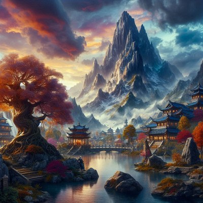 A peaceful village below a snowy mountain