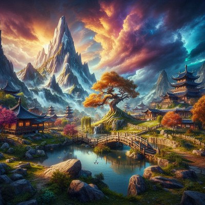 A peaceful village nestled in the mountains at sunset