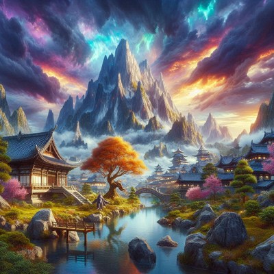 A peaceful village nestled among mountains at sunset