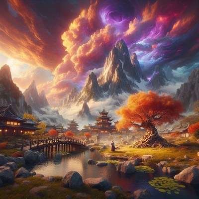 A serene village in mountain foothills at sunset