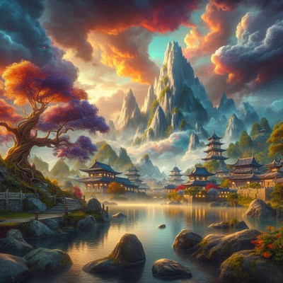 A peaceful village by mountains at sunset