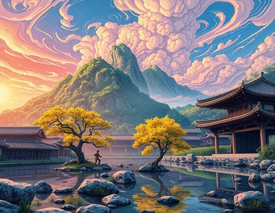 A man stands by a pond in a peaceful mountain setting