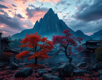Red trees and a mountain create a serene scene