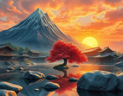 Red maple by a tranquil lake at sunset, japan