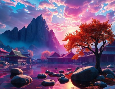 A peaceful village nestled amongst mountains at sunset