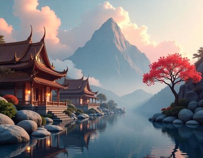Traditional pagodas stand near a calm lake at sunrise