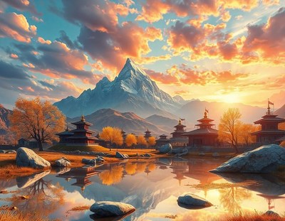 Sunset over the himalayas, mirrored in a calm lake