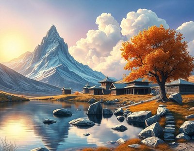 Snowy mountain looms over a tranquil village at sunset