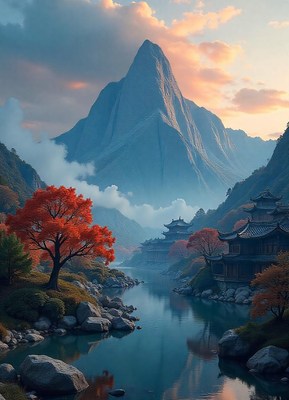 River winds through a valley by mountains and ruins