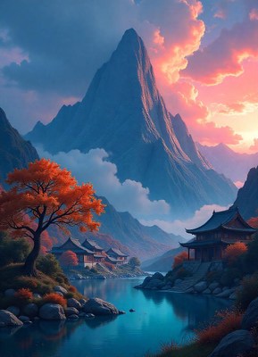 A serene lake nestled in a mountain valley at dusk