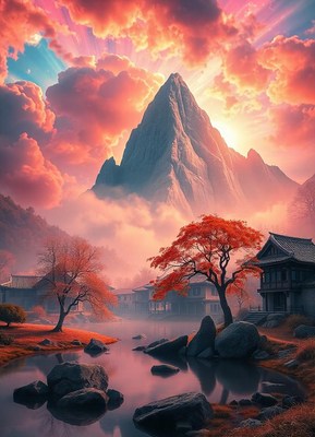 Tranquil village at a mountain's base at sunset
