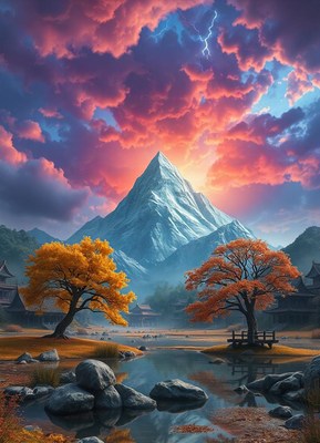 A snowy mountain peak rises against a dramatic sunset sky