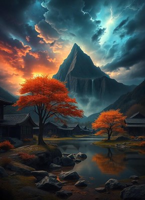 A peaceful village at a mountain's base