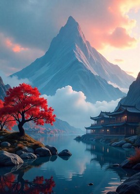 A serene lake nestled in a mountain valley at sunset