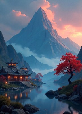 Temple by a calm lake and majestic mountain