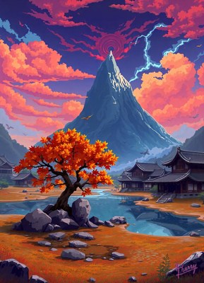 A fall tree by a tranquil river and mountain