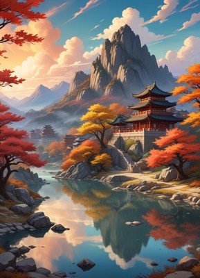 A tranquil temple in a valley of autumn leaves