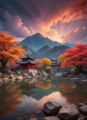 Red trees and mountains reflect in the still water