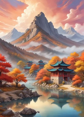 A painting depicts a valley with a river winding through it