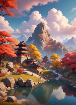 A peaceful temple nestled in a mountain valley