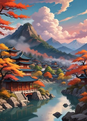 A serene village nestled among mountains in the fall