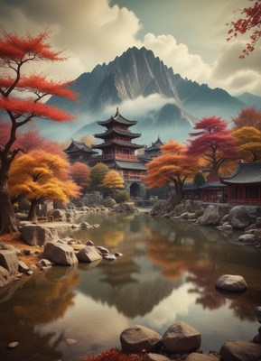 A pagoda rises by a serene pond in autumn