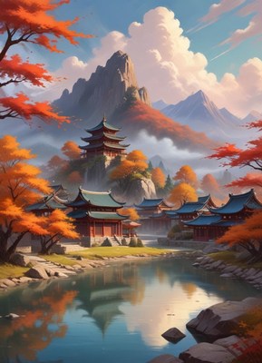 A serene village nestled amongst autumnal mountains