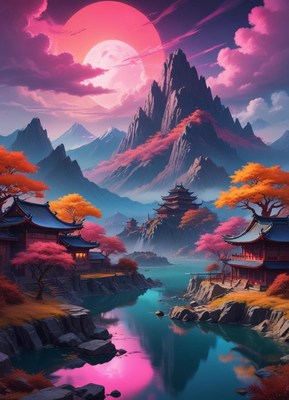 A serene mountain village with a pink moon in the sky