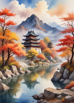 A pagoda sits on a hill overlooking a river in the mountains