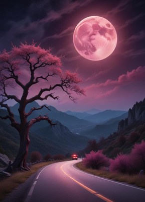 A car travels along a winding road at night