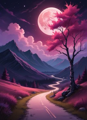 A winding road leads through the mountains under a full moon
