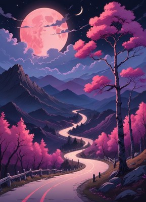 A winding road through mountains under a pink moon