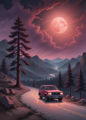 A car drives through a mountain pass under a full moon
