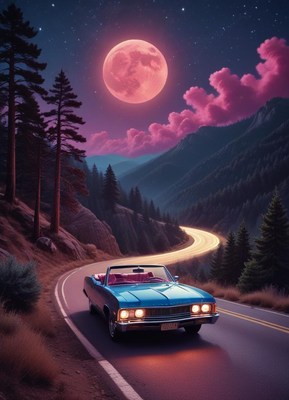 A blue convertible drives under a large pink moon
