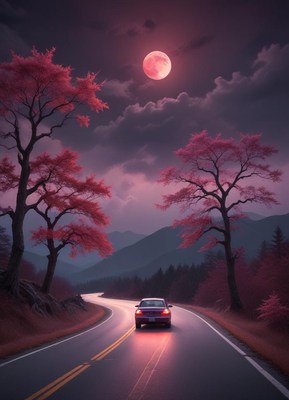 A car drives through a mountain pass under a full moon