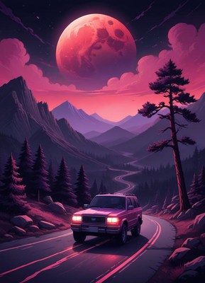 A car drives through a mountain pass under a red moon
