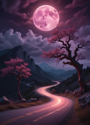 A winding road winds through mountains by a pink moon