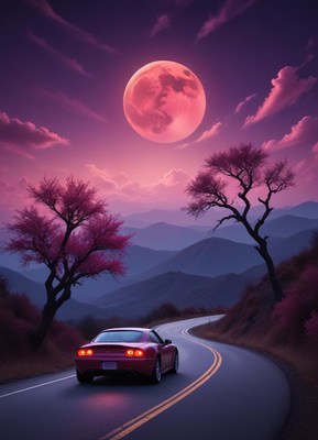 A red car drives on a winding road under a large, pink moon