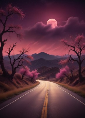 A winding road winds through a moonlit mountain pass