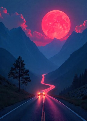 A car drives through a mountain pass under a red moon