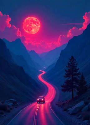 A car drives down a winding road under a large, pink moon