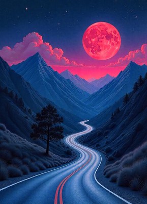 A winding road through the mountains under a red moon