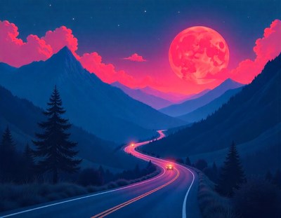 A winding road meanders under a pink moon