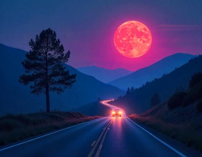 A car drives through the mountains under a bright red moon
