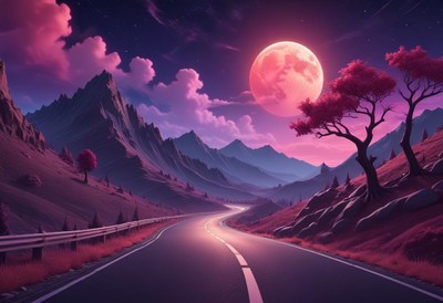A winding road through a moonlit mountain valley