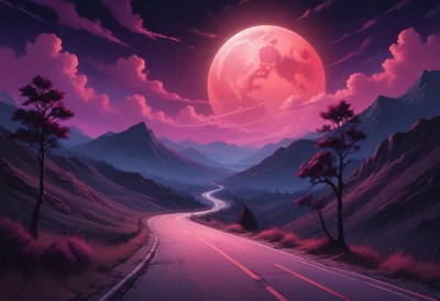 Winding road beneath a large pink moon